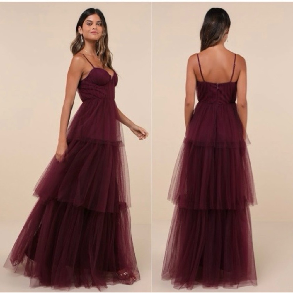Lulus Unforgettable Poise Tulle‎ Bustier Tiered Maxi Dress, Plum Purple, XS, NWT - Picture 2 of 15